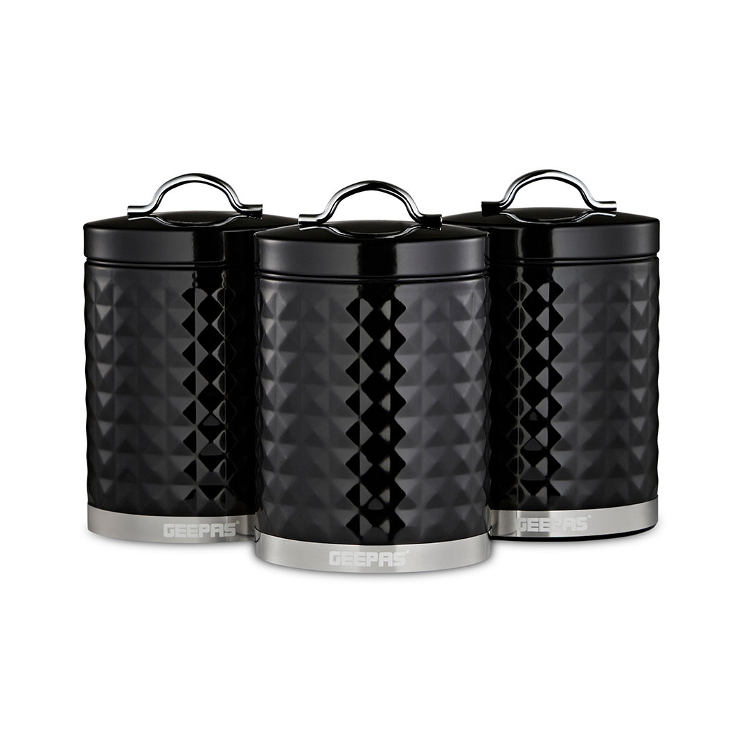 GEEPAS Argyle 3-Piece Tea Coffee Sugar Canisters Set | 1.3L Airtight Durable Carbon Steel Material Lids & Body | Kitchen Storage Canisters Keeps Conte
