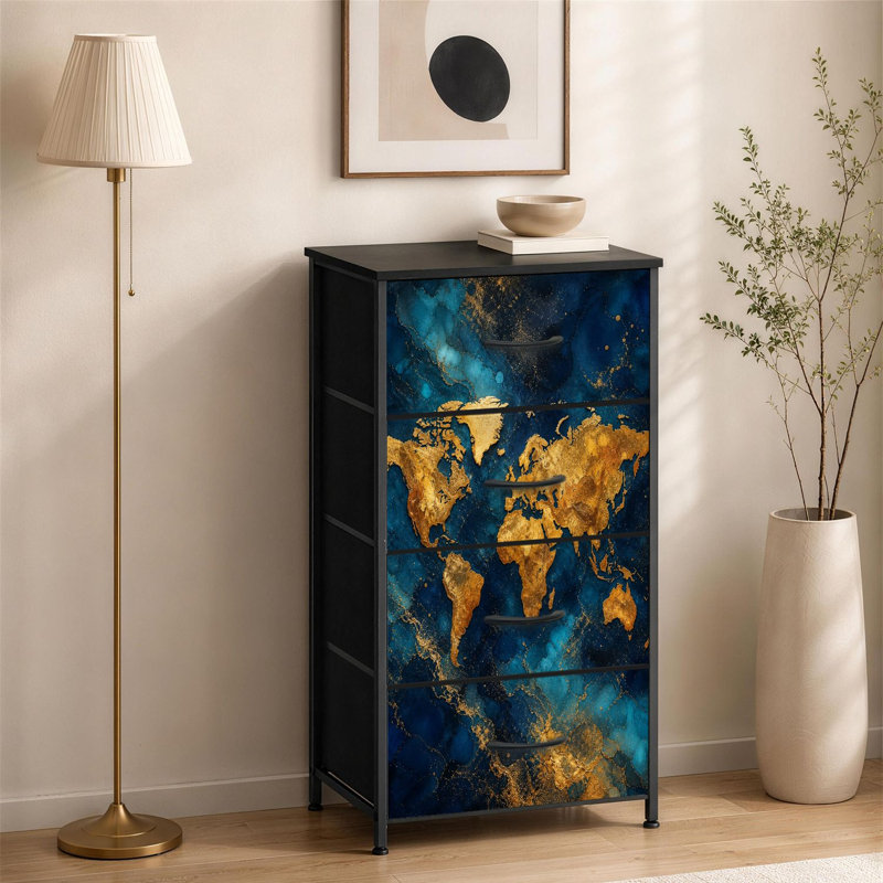 Commode à 4 tiroirs pour chambre à coucher or mappemonde abstraite en marbre bleu et or