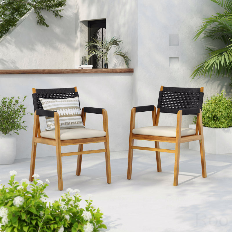 Set Of 2 Outdoor Patio Dining Chair, Acacia Wooden Armchair With Cushion, Black Rope, Brown/Black