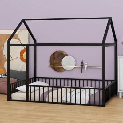 Structure de lit pleine grandeur en métal - clôture incluse, idéale pour les enfants