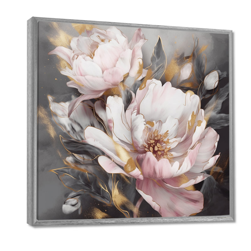 Pink Grey Peonies Elegance II - Print, 16" H x 16" W, Floater Framed, Silver