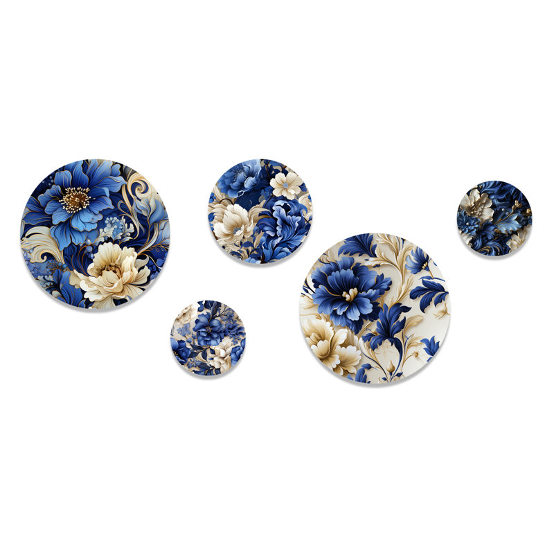 Cobalt Blue and Beige Floral Metal Wall Art Set