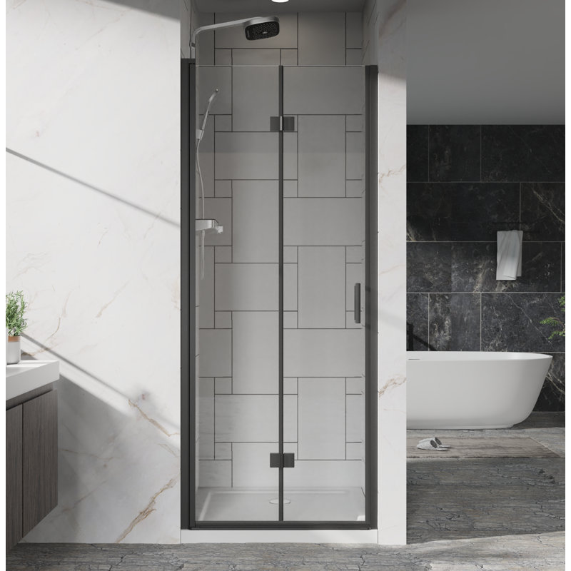 30"X 72" Pivot Bifold Frameless Glass Shower Door 1/4 Inch (6Mm) Tempered Clear Glass Swing Shower Panel In Black Finish, Reversible Installation