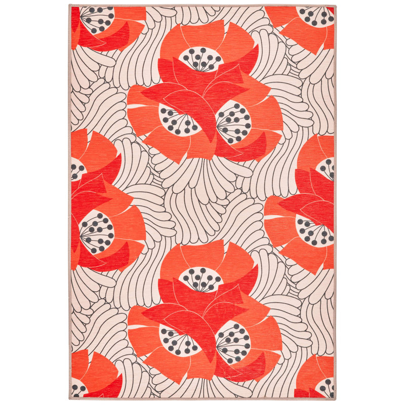 Japanese Poppy Multi Machine Washable Rug, Rectangle 4' x 6'