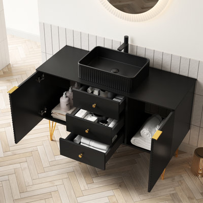 Freestanding 48" Bathroom Vanity With Black Sintered Stone Top, Ceramic Basin, 3 Drawers, 2 Doors, 4 Gold - Mottled Legs, Plywood Cabinet, Pre Assembled Accented Storage, Surface,