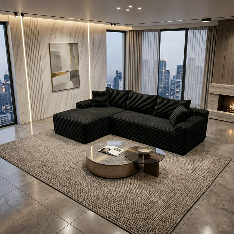 Canapé modulaire surdimensionné en L surdimensionné avec méridienne réversible et coussins décoratifs, sans assemblage, Black