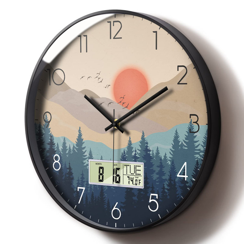 Silent Wall Clock With Day Week Temperature Wilderness With Sunset Non-Ticking Battery Operated Large Digital Modern Clocks Display With Calendar And Date For Kitchen Farmhouse Bathroom Office 12 Inch