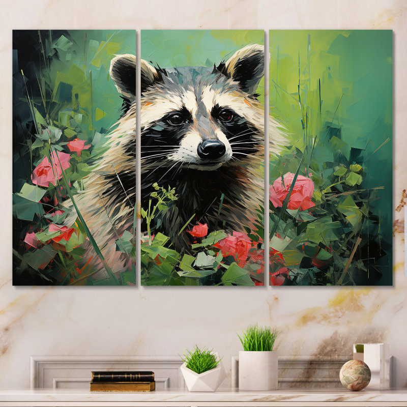 Raton laveur noir et vert I - art mural raton laveur, Toile tendue, H 32 po x l 48 po