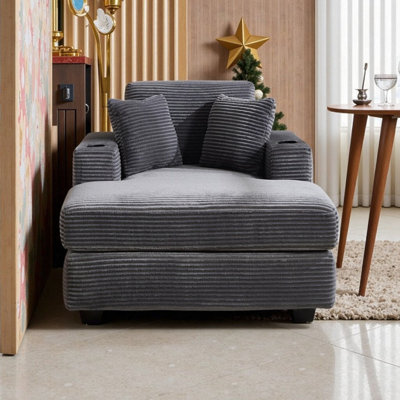 Corduroy Upholstered Chaise Lounge Sofa With Detachable Cushions, Magazine Storage, And Dual Cup Holders