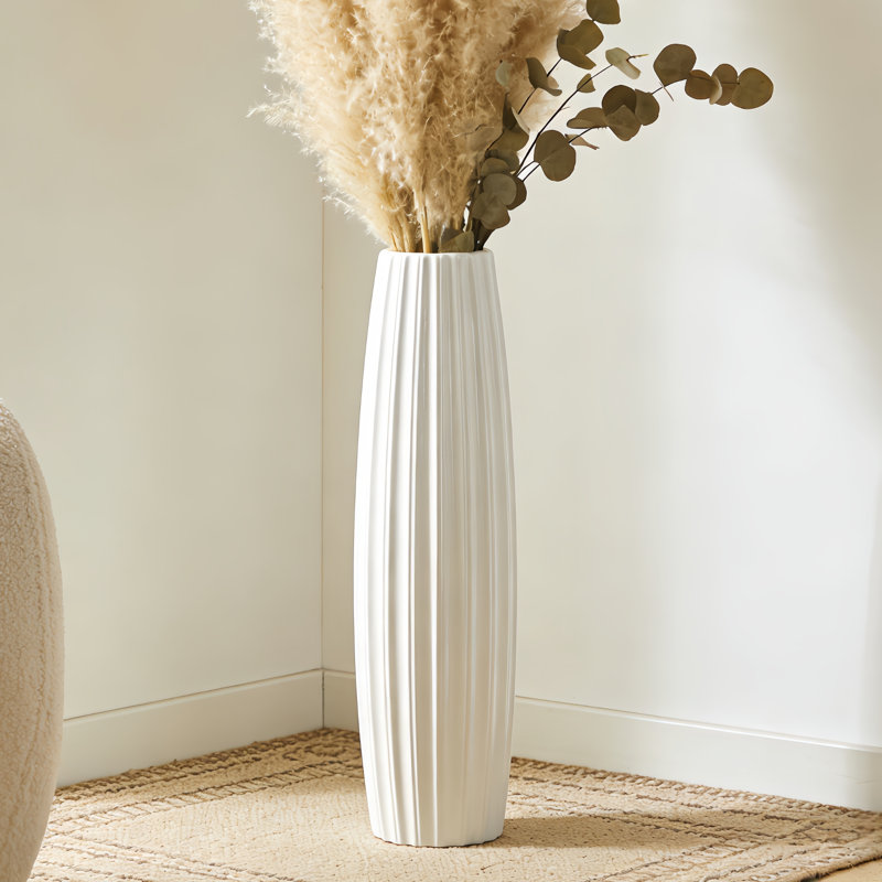 Vase de sol moderne en céramique blanche, grand vase décoratif brillant de 28 pouces pour l'herbe de Pampa, grand vase minimaliste pour la décoration de salon