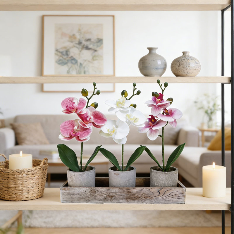Orchidée artificielle Real Touch, ensemble de 3 pots à fleurs en bois rustique, plantes en faux phalaenopsis pour bureau à domicile