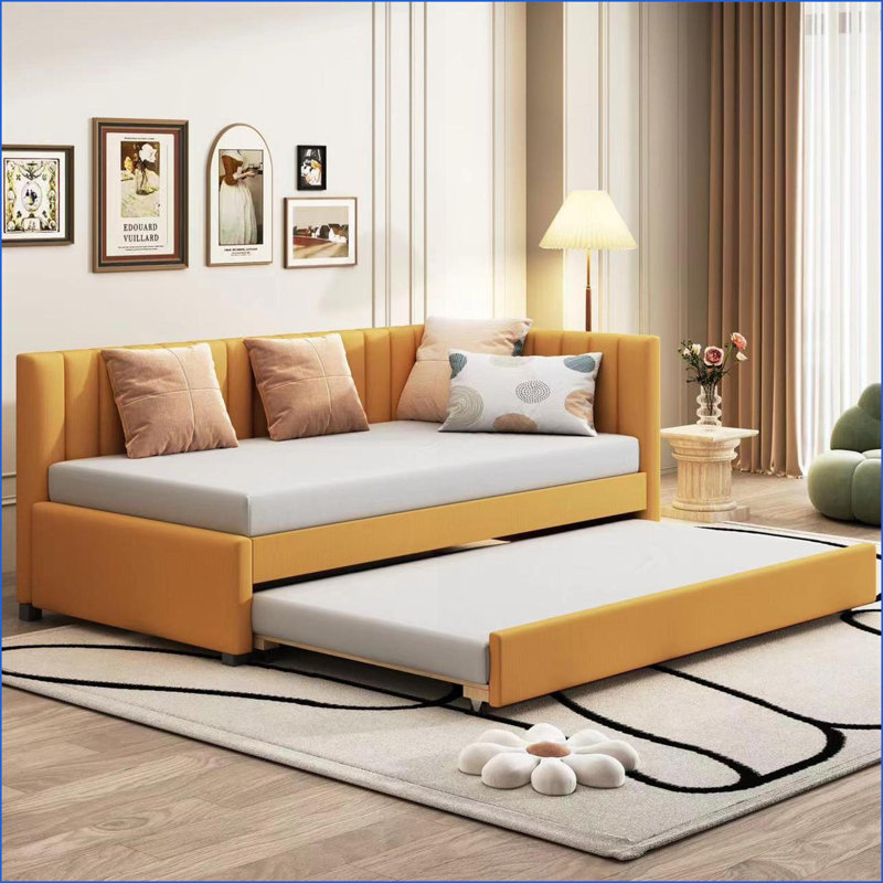 Lit de jour simple rembourré en lin avec lit gigogne - Aucun sommier nécessaire - Jaune pour petits appartements