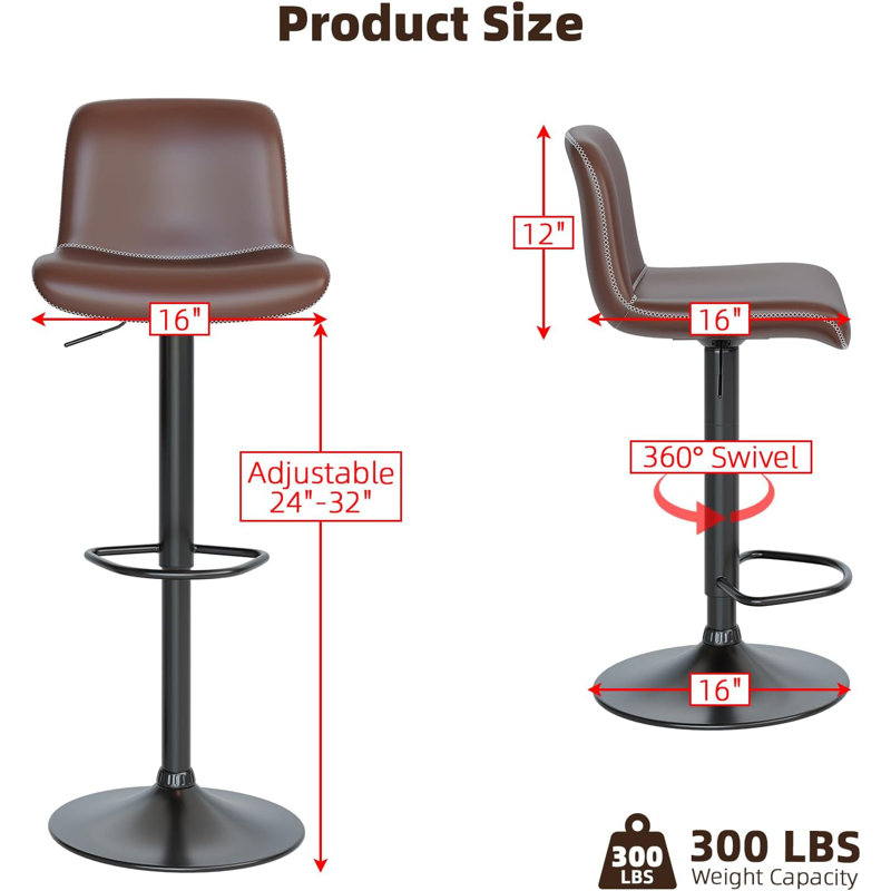 Brown Adjustable Swivel Leather Bar Stools with Metal Footrest (Set of 2)
