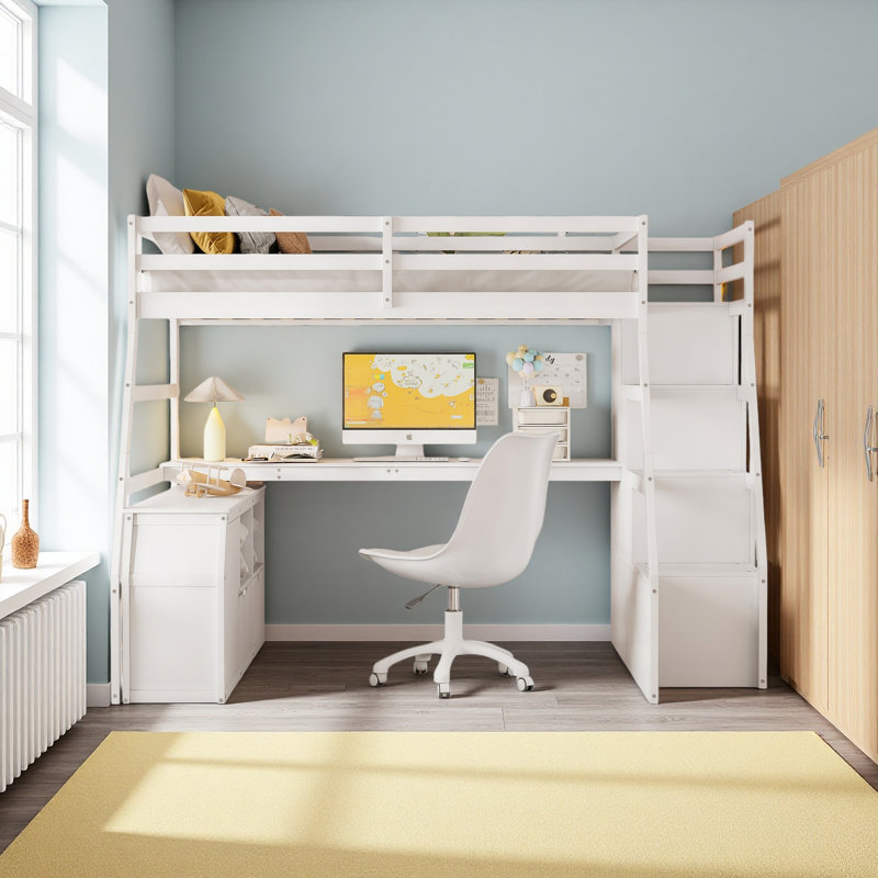 Lit mezzanine double avec 7 tiroirs, 2 tablettes et un bureau, Blanc