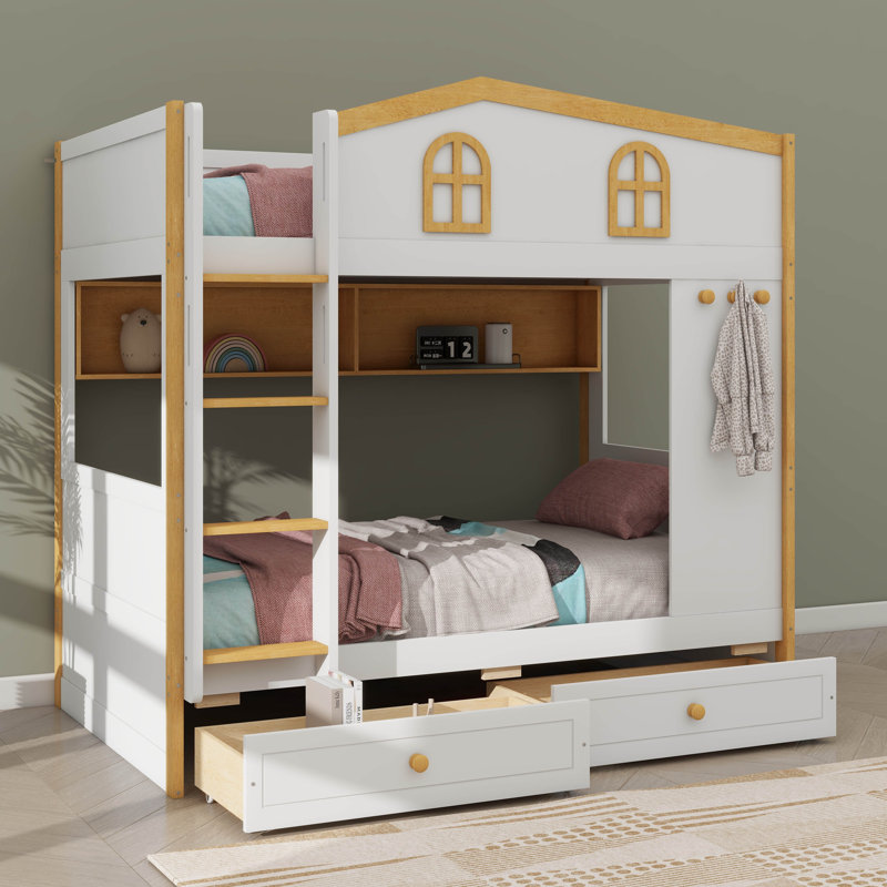 Lit superposé inspiré d'une maisonnette avec tiroirs de rangement, lit superposé en bois équipé de tablettes de rangement, lits superposés avec échelle pour maisonnette