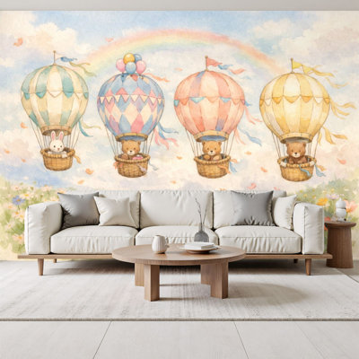 Papier peint auto-adhésif fantaisiste, enfants, montgolfières, prairie flottante, animaux mignons 69 po x l 96 po, papier peint amovible en PVC pour chambre à coucher, bureau à domicile
