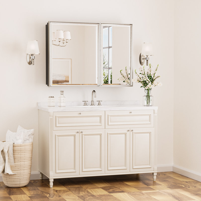 Lunara Recessed & Surface Framed 2 Door Medicine Cabinet with Mirror and Shelves, 30" H x 40" W x 5.2" D, Nickel
