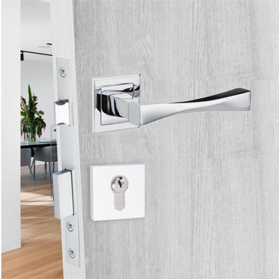 Straight Astrid Design Door Handles in Polished Chrome Finish with 3 Lever Lock, 2 Keys, Keyhole Escutcheon and 1 Pair Ball Bearing Hinges