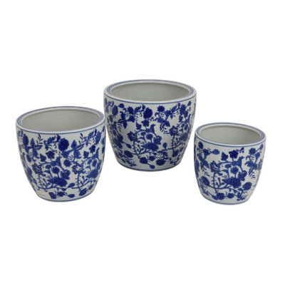 Garden Planter Set Of 3, Classical Ceramic Blue White Floral Pattern