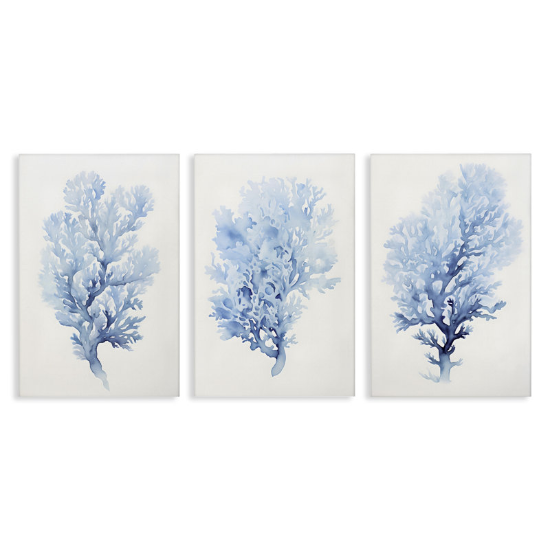  "Indigo Coral Watercolors", ensemble de 3 reproductions d'art sur toile par Petal Prints Design, H 24 po x l 16 po
