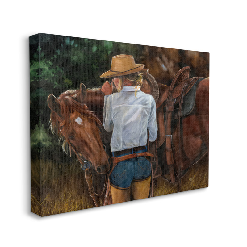 «Cowgirl Tendant To Horse On Canvas» par Victoria Schultz, reproduction, H 16 po x l 20 po x P 1,5 po