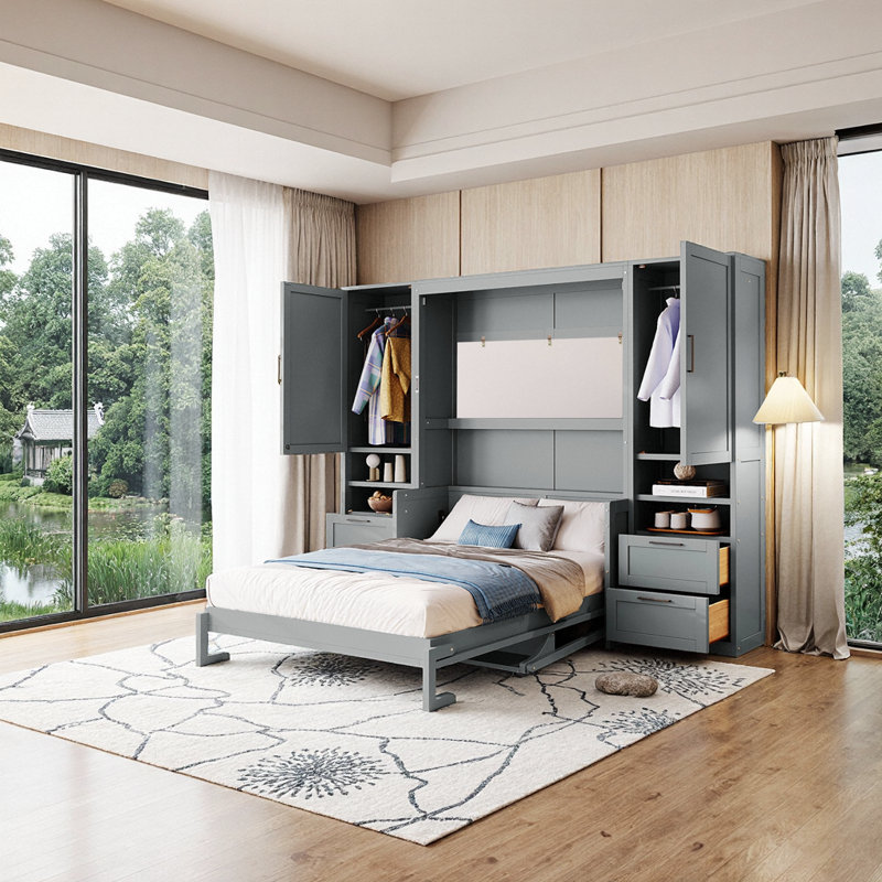 Lit escamotable double pleine grandeur avec tiroirs de garde-robe et tablettes, Gray