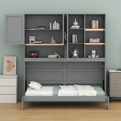 Lit escamotable mural avec armoire supérieure, tablettes, lit pliable peu encombrant avec éclairage et port USB