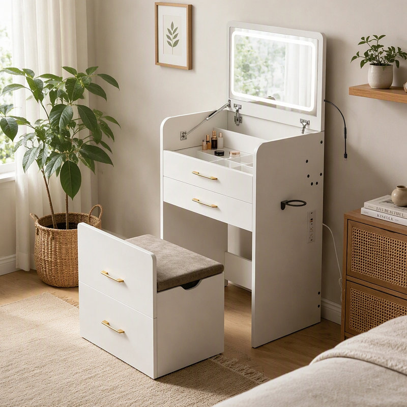 Meuble-lavabo 3 en 1 avec prise de courant et miroir DEL, coiffeuse rabattable de 23,6 po avec station de charge, 3 tiroirs, plateau en verre et tabouret rembourré pour la chambre à coucher
