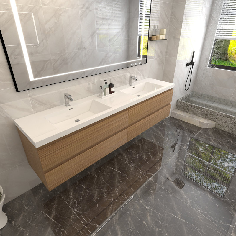 Ensemble de meuble-lavabo double mural 84 po Dameion, Bois de rose