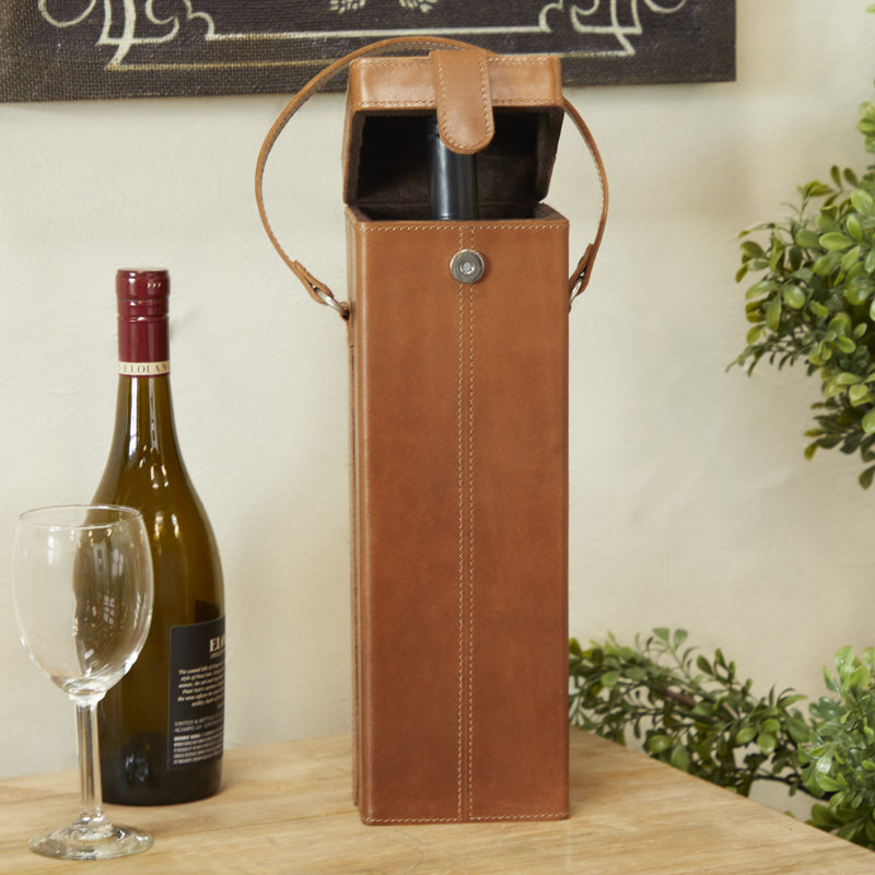 Porte-bouteilles en cuir fait à la main avec poignée, Brun, H 19 po x l 5 po x P 5 po