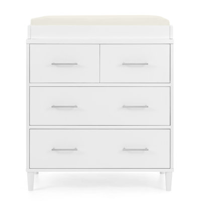 Classic 4 Drawer Dresser With Changing Top And Interlocking Drawers, Bianca White