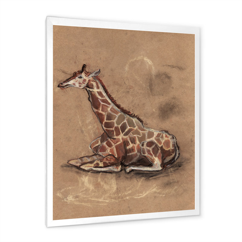 VIntage Giraffe on Brown - Peinture sur toile, H 40 po x l 30 po, Cadre de coin blanc fermé