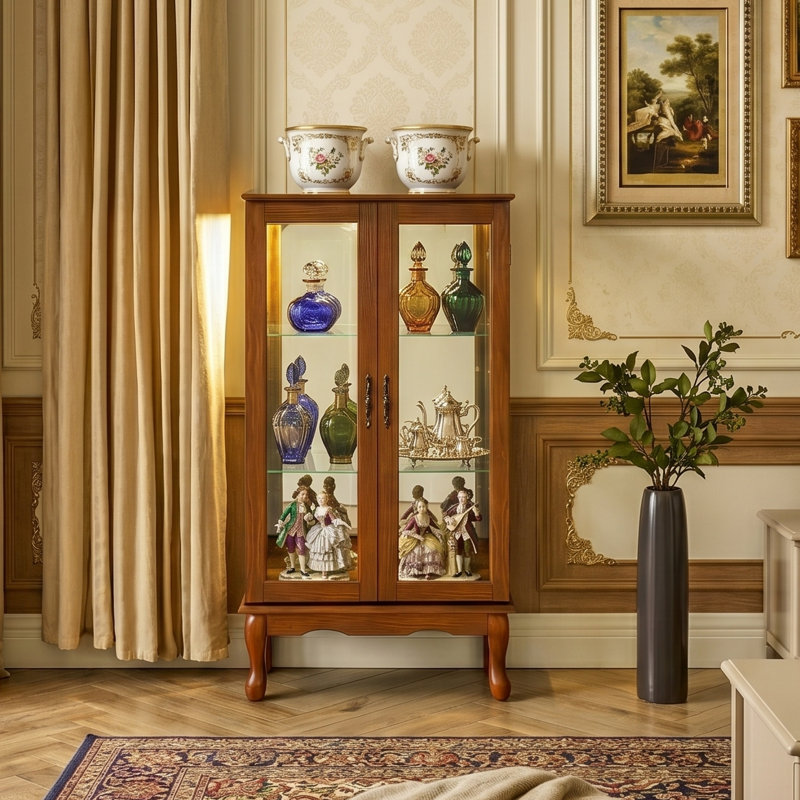 43" Classic Lighted Curio Cabinet With Mirrored Reflection & 3-Tier Adjustable Glass Shelving (Available In Cherry & Oak)