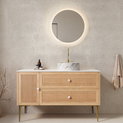 MUNIN 48" Bathroom Vanity With Sink, Freestanding Plywood Storage Cabinet With 4 Metal Legs, Door And 2 Drawers, White Ceramic Basin With Stone Pattern, NO Faucet, Pre-Assembled, Oak Woodgrain Color