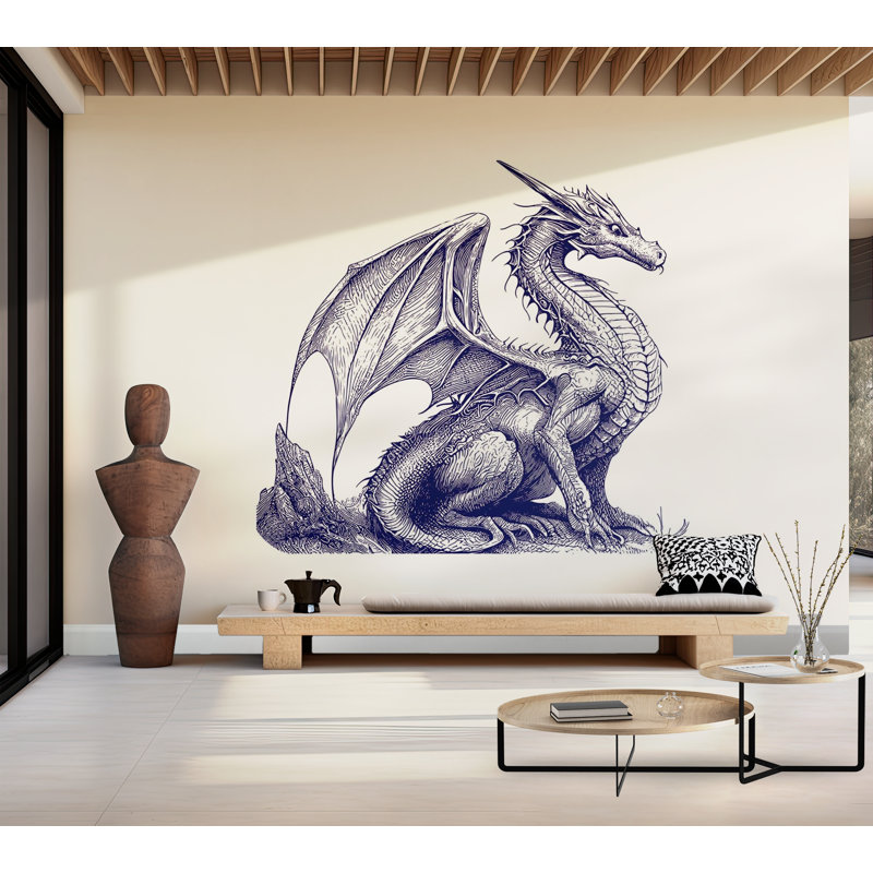 Murale pelez et collez de qualité supérieure - Illustration de dragon bleu, L 96 po x l 120 po