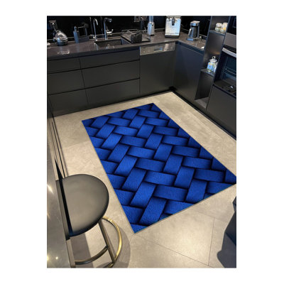 Tapis bleu à motif géométrique lavable à la machine