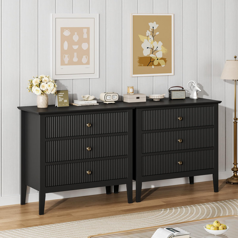 Commode 3 tiroirs Modern, commode en bois cannelée avec pieds en métal, rangement large avec ensemble anti-basculement, Noir
