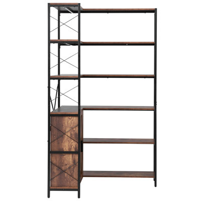 Bibliothèque d'angle à 6 niveaux, bibliothèque d'angle de 178 cm de haut avec armoire de rangement, 2 portes coulissantes de style grange et 10 étagères, étagère d'angle en forme de L de style campagnard pour chambre, salon, bureau