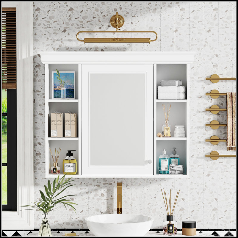 Armoire de rangement murale pour salle de bain avec porte miroir et 6 étagères ouvertes pour une organisation moderne et efficace