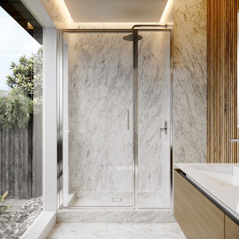 Axio 47 - Porte de douche pivotante encadrée 47 x 72 po en verre trempé transparent 5/16 po, Chrome