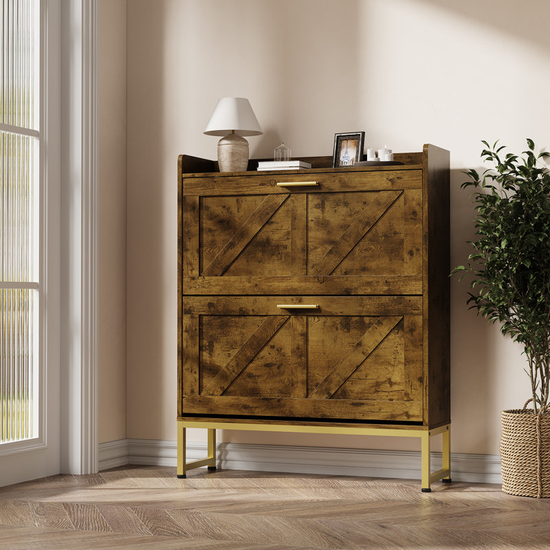 Entryway Shoe Cabinet Double-Layer Flip Drawer Design, Freestanding Entry Storage Cabinet Equipped with Adjustable Shelves and Dust-Proof Back Panel