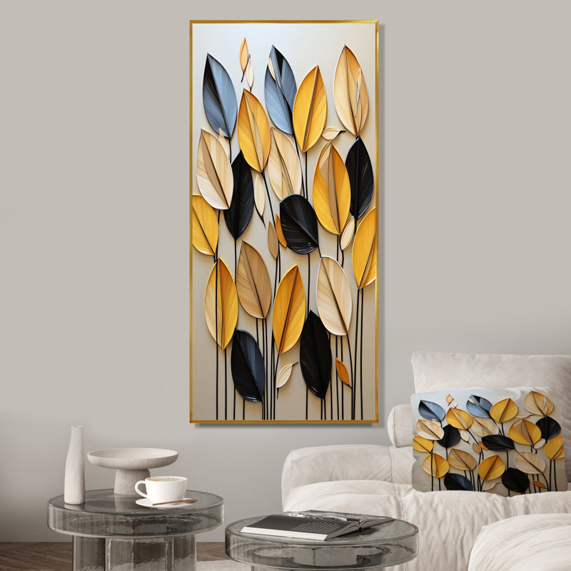 «Yellow and Black Natures Leaf Essence 1 - Tachisme», art mural, Cadre flottant doré, H 32 po x l 24 po