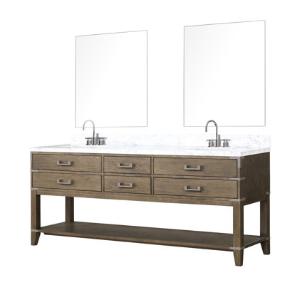 Meuble-lavabo double en chêne gris 80 po Large, 22 profond, comptoir en marbre, robinet et 36 miroirs - scellés polis pour une beauté large X