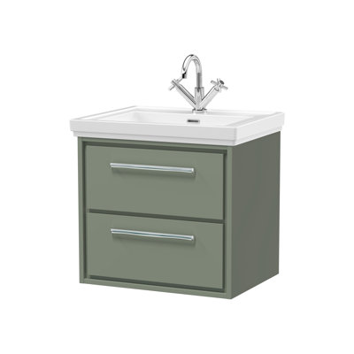 Hudson Reed Lille 600mm Fern Green 2 Drawer  Wall Hung Vanity Unit With 1 Tap Hole Fireclay Basin