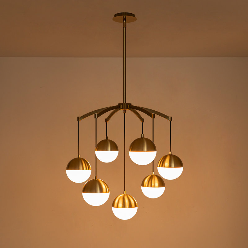 Lustre 7 lumières en verre décalé - douilles E12 pivotantes à 90 °, réglable de 35 à 90 po, structure dorée, 27,4 po de largeur - luminaire de salle à manger moderne