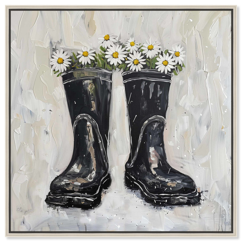 Rainboots and Daisies Chic Farmhouse, art mural par Art Remedy, Encadrement argenté, H 31 po x l 31 po