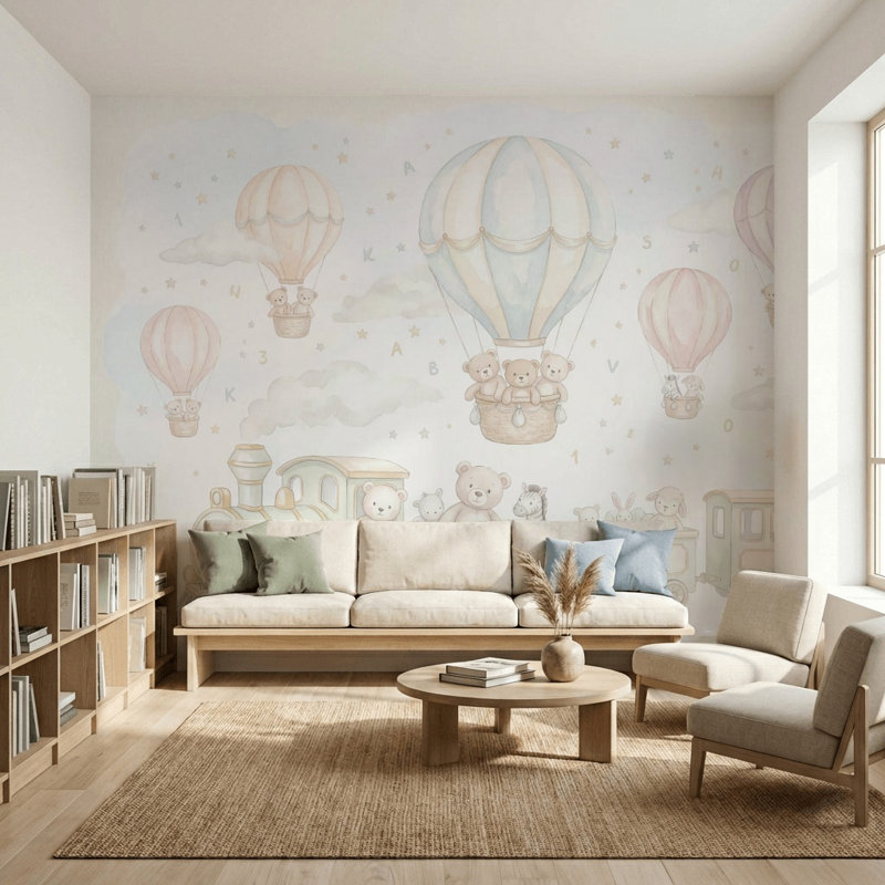Papier peint avec ballons à air chaud, 140 po x 108 po, Peler et coller