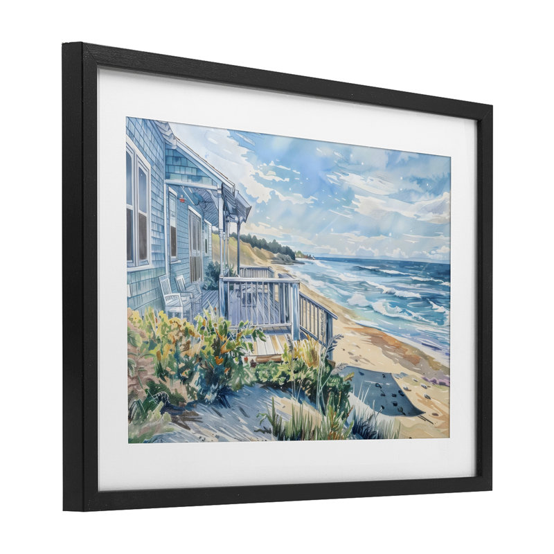 Reproduction sous verre encadrée Beach Villa Overmir, design par LSR Design Studio, H 14 po x l 20 po, Cadre noir minuit