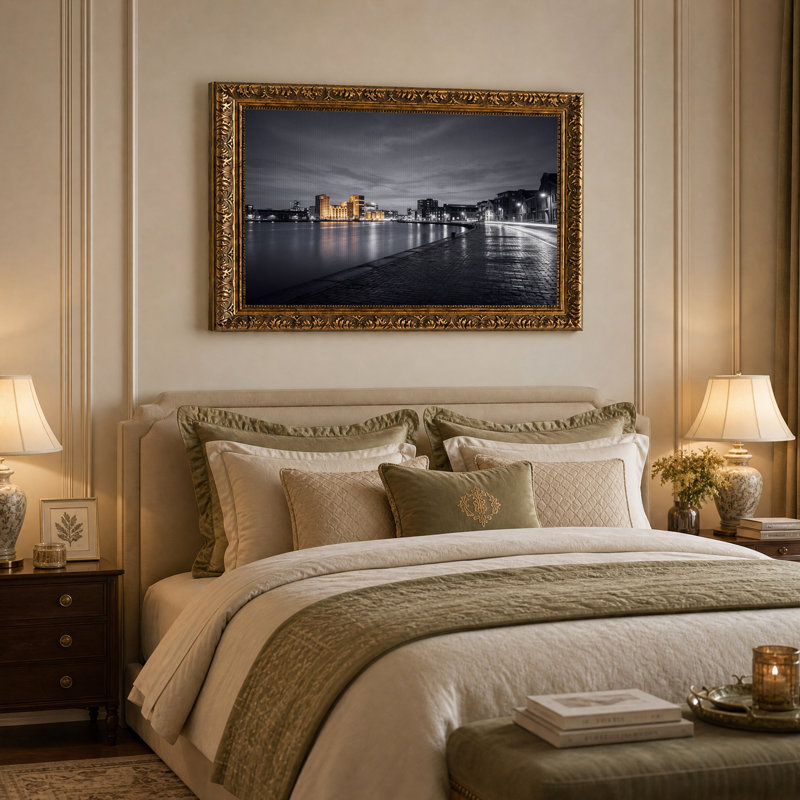 Toile urbaine de la ville avec lumières orange réfléchies sur l'eau, 16"H x 24"W