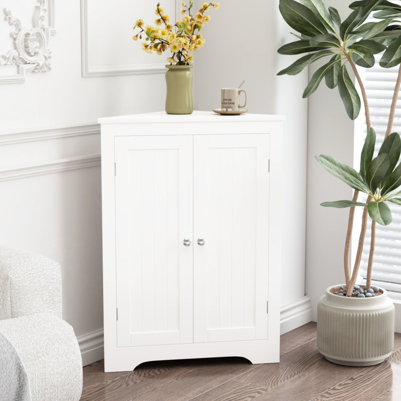 2-Door White Corner Storage Cabinet With Adjustable Shelf - Freestanding Narrow For Bathroom, Kitchen, Living Room, Bedroom 2 Doors Room Alluring